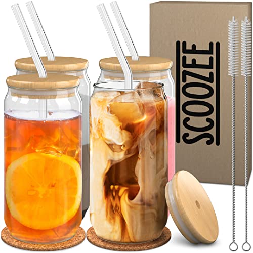 Scoozee Glass Cups with Lids and Straws (Set of 4, 16 oz) - Glass Tumbler with Straw and Lid, Can Shaped Drinking Glasses, Iced Coffee Cup, Beer Glasses - Aesthetic Cute Coffee Bar Gift