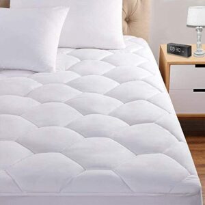 queen mattress pad, 8-21″ deep pocket protector ultra soft quilted fitted topper cover fit for dorm home hotel -white