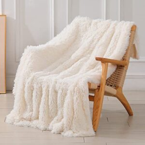 decorative extra soft fuzzy faux fur throw blanket 50″ x 60″,solid reversible lightweight long hair shaggy blanket,fluffy cozy plush comfy microfiber fleece blankets for couch sofa bedroom,cream white