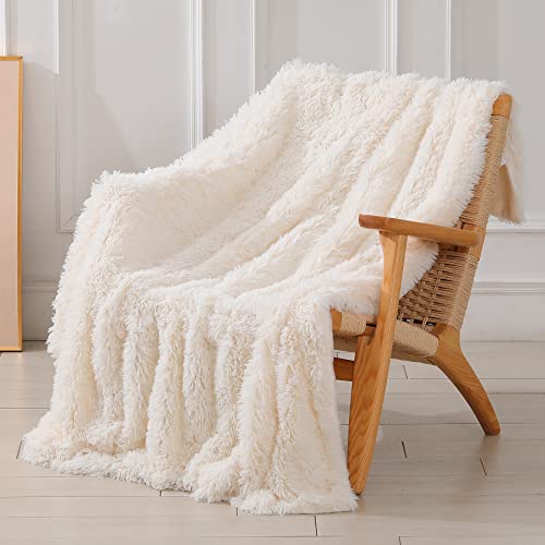 Decorative Extra Soft Fuzzy Faux Fur Throw Blanket 50" x 60",Solid Reversible Lightweight Long Hair Shaggy Blanket,Fluffy Cozy Plush Comfy Microfiber Fleece Blankets for Couch Sofa Bedroom,Cream White