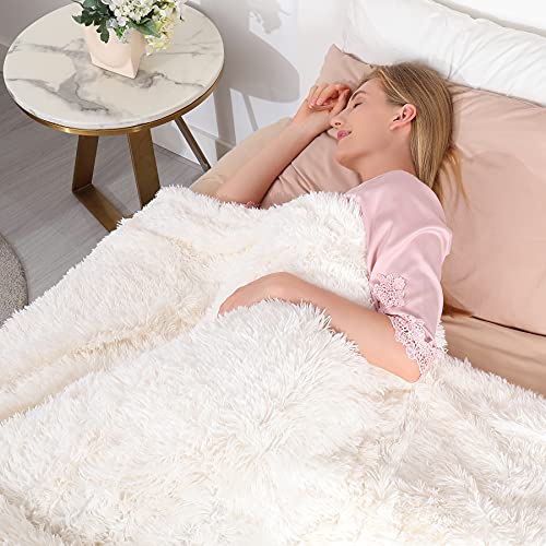 Decorative Extra Soft Fuzzy Faux Fur Throw Blanket 50" x 60",Solid Reversible Lightweight Long Hair Shaggy Blanket,Fluffy Cozy Plush Comfy Microfiber Fleece Blankets for Couch Sofa Bedroom,Cream White