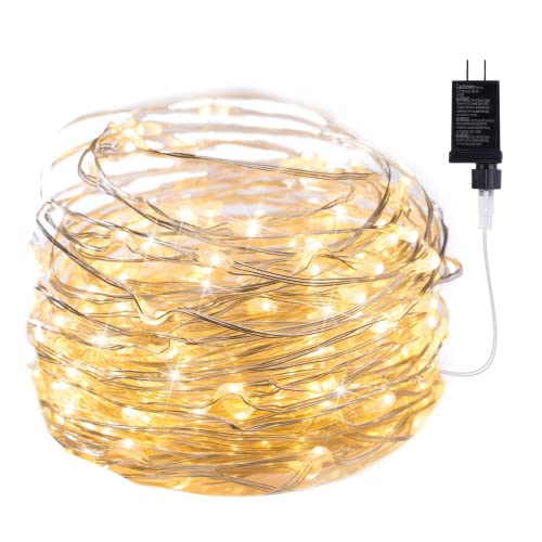 Minetom Fairy Lights Plug in, 33Ft 100 LEDs Waterproof Silver Wire Firefly Lights, UL Adaptor Included, Starry String Lights for Wedding Indoor Outdoor Christmas Patio Garden Decoration, Warm White