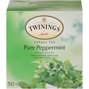 twinings tea pure peppermint herbal tea, calm and refreshing mint tea, caffeine free, soothing hot tea, iced tea or cold brew beverage, 50 tea bags per box