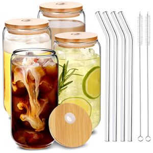 drinking glasses with bamboo lids and glass straw 4pcs set – 16oz can shaped glass cups, iced coffee glasses, beer glasses, cute reusable bottle, ideal for whiskey, tea, gift – 2 cleaning brushes