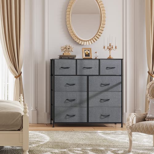 WLIVE 9-Drawer Dresser, Fabric Storage Tower for Bedroom, Nursery, Entryway, Closets, Tall Chest Organizer Unit with Textured Print Fabric Bins, Steel Frame, Wood Top, Dark Grey