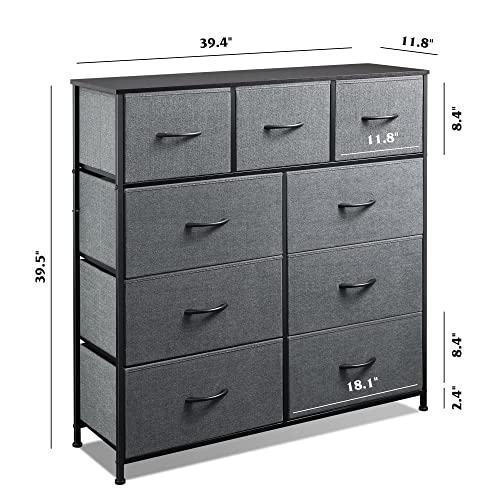 WLIVE 9-Drawer Dresser, Fabric Storage Tower for Bedroom, Nursery, Entryway, Closets, Tall Chest Organizer Unit with Textured Print Fabric Bins, Steel Frame, Wood Top, Dark Grey