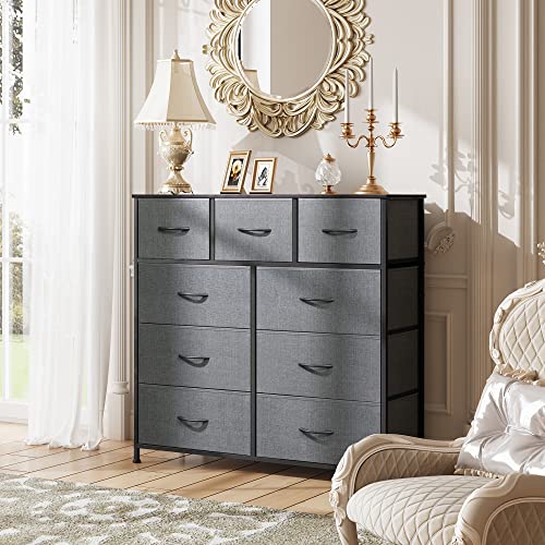 WLIVE 9-Drawer Dresser, Fabric Storage Tower for Bedroom, Nursery, Entryway, Closets, Tall Chest Organizer Unit with Textured Print Fabric Bins, Steel Frame, Wood Top, Dark Grey