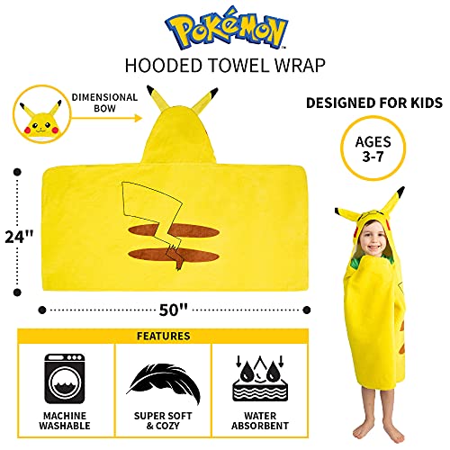 Pokemon Pikachu Bath/Pool/Beach Soft Cotton Terry Hooded Towel Wrap, 24" x 50", By Franco Kids