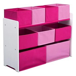 delta children deluxe multi-bin toy organizer with storage bins – greenguard gold certified, white/pink bins