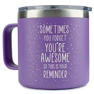 inspirational gifts for women –stainless steel coffee purple mug/tumbler 14oz “sometimes you forget you’re awesome” – idea, thank you, motivational, best friend, her, female, friendship, birthday