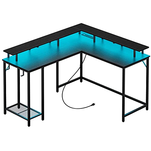 SUPERJARE L Shaped Gaming Desk with Power Outlets & LED Lights, Computer Desk with Monitor Stand & Storage Shelf, Home Office Desk Corner Desk with Hooks, Black