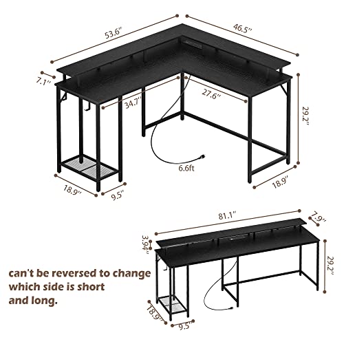 SUPERJARE L Shaped Gaming Desk with Power Outlets & LED Lights, Computer Desk with Monitor Stand & Storage Shelf, Home Office Desk Corner Desk with Hooks, Black