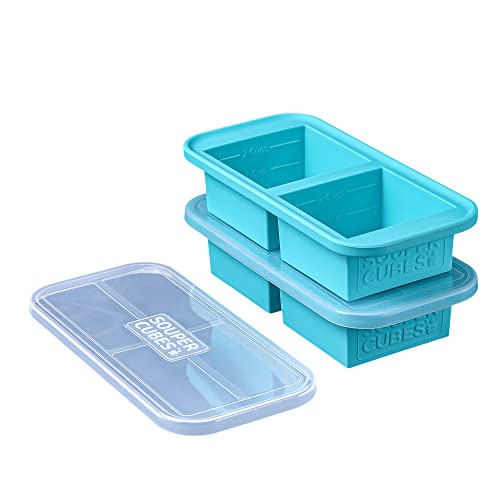 Souper Cubes 2-Cup Extra-Large Silicone Freezer Tray with lid- 2 pack - makes 4 perfect 2 cup portions - freeze soup, stew, sauce, or meals (2 Cup tray, Aqua color, pack of 2, with lids)