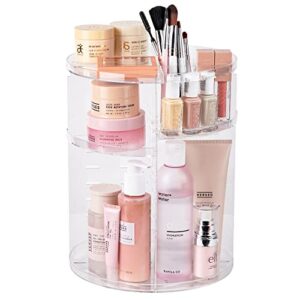 360 rotating makeup organizer – adjustable shelf height and fully rotatable. the perfect cosmetic organizer for bedroom dresser or vanity countertop. (clear)