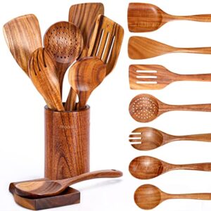 9 pcs wooden spoons for cooking, wooden utensils for cooking with utensils holder, natural teak wooden kitchen utensils set with spoon rest, comfort grip cooking utensils set for kitchen