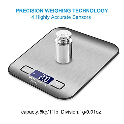 BAGAIL Digital Kitchen Scale, Premium Stainless Steel Food Scales Weight Grams and Oz for Baking and Cooking,11lb/5kg with 0.1oz/1g Precision