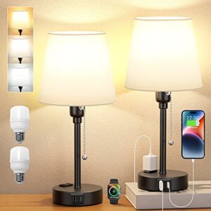 bedside lamps for bedrooms set of 2 nightstand – table lamp with 3 color modes 2700k-5000k, small lamp with usb c+a charging port and ac outlet, white lamp for side table, mini bed side lamp for kids