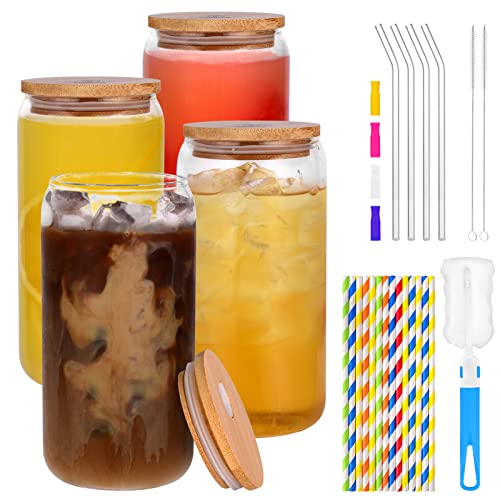 Naeety Glass Cups with Bamboo Lids and Glass Straw, Drinking Glasses Set of 4-16 Oz Beer Can Shaped Glass Cups, Iced Coffee Glasses, Tumbler Cup for Smoothie, Cocktail, Whiskey - 3 Cleaning Brushes