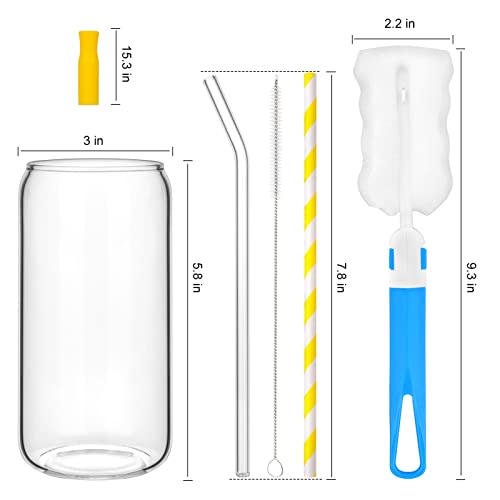 Naeety Glass Cups with Bamboo Lids and Glass Straw, Drinking Glasses Set of 4-16 Oz Beer Can Shaped Glass Cups, Iced Coffee Glasses, Tumbler Cup for Smoothie, Cocktail, Whiskey - 3 Cleaning Brushes