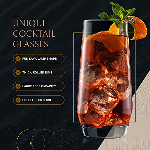 JoyJolt Gwen 18oz Highball Glasses, 4pc Tall Glass Sets. Lead-Free Crystal Glass Drinking Glasses. Water Glasses, Mojito Glass Cups, Tom Collins Bar Glassware, and Mixed Drink Cocktail Glass Set