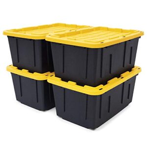 cx black & yellow 27-gallon tough storage containers with secure snap lid, stackable, extremely durable, nestable, 4 pack