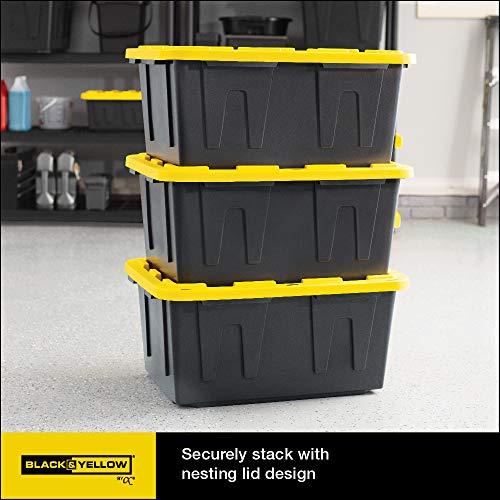 CX BLACK & YELLOW 27-Gallon Tough Storage Containers with Secure Snap Lid, Stackable, Extremely Durable, Nestable, 4 Pack