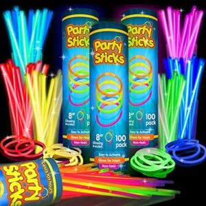 partysticks glow sticks party supplies 300pk – 8 inch glow in the dark light up sticks party favors, glow party decorations, neon party glow necklaces and glow bracelets with connectors