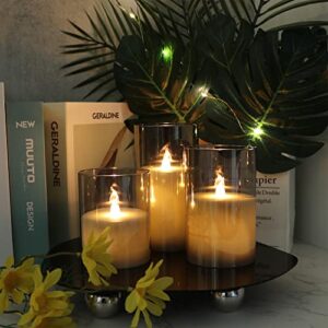 GenSwin Gray Glass Battery Operated Flameless Led Candles with 10-Key Remote and Timer, Real Wax Candles Warm White Flickering Light for Home Decoration(Set of 3)