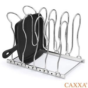 CAXXA Heavy Duty Pan Rack, Pot Lid Rack, Kitchen Cabinet Pantry Cookware Organizer Rack Holder | 5 Adjustable Dividers, Chrome