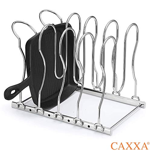 CAXXA Heavy Duty Pan Rack, Pot Lid Rack, Kitchen Cabinet Pantry Cookware Organizer Rack Holder | 5 Adjustable Dividers, Chrome