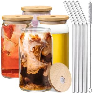 Set of 4 Drinking Glasses with Bamboo Lids & Straws - Beer Glasses