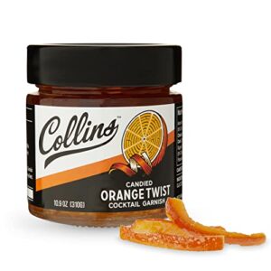 collins candied fruit orange peel twist in syrup – popular cocktail garnish for skinny margarita, martini, mojito, old fashioned drinks, peel for baking, 10oz