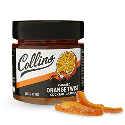 Collins Candied Fruit Orange Peel Twist in Syrup - Popular Cocktail Garnish for Skinny Margarita, Martini, Mojito, Old Fashioned Drinks, Peel for Baking, 10oz