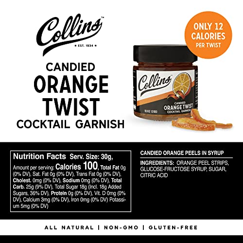 Collins Candied Fruit Orange Peel Twist in Syrup - Popular Cocktail Garnish for Skinny Margarita, Martini, Mojito, Old Fashioned Drinks, Peel for Baking, 10oz