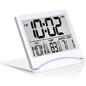 betus digital travel alarm clock – foldable calendar temperature timer lcd clock with snooze mode – large number display, battery operated – compact desk clock for all ages (silver, no backlight)