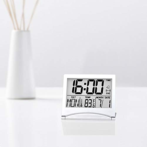 Betus Digital Travel Alarm Clock - Foldable Calendar Temperature Timer LCD Clock with Snooze Mode - Large Number Display, Battery Operated - Compact Desk Clock for All Ages (Silver, No Backlight)