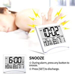 Betus Digital Travel Alarm Clock - Foldable Calendar Temperature Timer LCD Clock with Snooze Mode - Large Number Display, Battery Operated - Compact Desk Clock for All Ages (Silver, No Backlight)