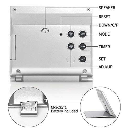 Betus Digital Travel Alarm Clock - Foldable Calendar Temperature Timer LCD Clock with Snooze Mode - Large Number Display, Battery Operated - Compact Desk Clock for All Ages (Silver, No Backlight)