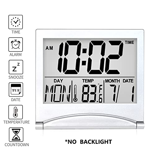 Betus Digital Travel Alarm Clock - Foldable Calendar Temperature Timer LCD Clock with Snooze Mode - Large Number Display, Battery Operated - Compact Desk Clock for All Ages (Silver, No Backlight)