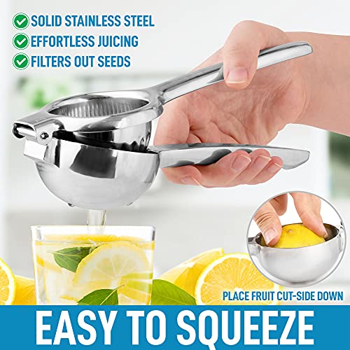 Zulay Lemon Squeezer Stainless Steel with Premium Heavy Duty Solid Metal Squeezer Bowl and Food Grade Silicone Handles - Large Manual Citrus Press Juicer and Lime Squeezer Stainless Steel