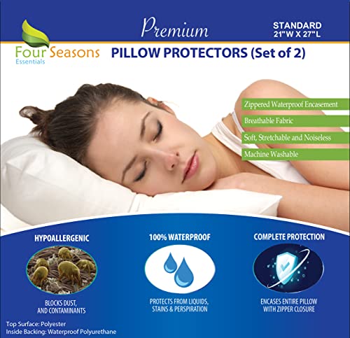 Four Seasons Essentials Standard Pillow Protectors (Set of 2) – Zippered Waterproof Pillow Covers Hypoallergenic Dust Proof Pillowcase Encasement Cover