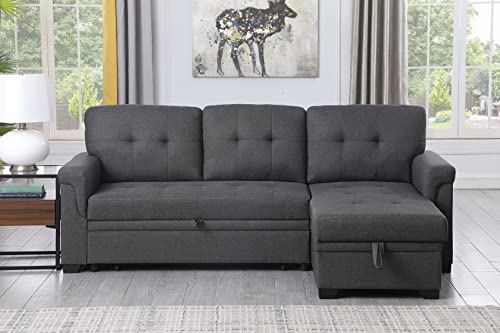 Lilola Home Lucca Dark Gray Linen Reversible Sleeper Sectional Sofa with Storage Chaise