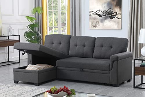 Lilola Home Lucca Dark Gray Linen Reversible Sleeper Sectional Sofa with Storage Chaise