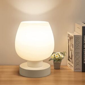 touch bedside table lamp – modern small lamp for bedroom living room nightstand, desk lamp with white opal glass lamp shade, warm led bulb, 3 way dimmable, simple design christmas gift