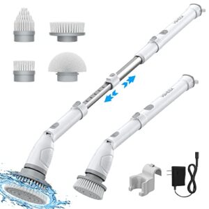 electric spin scrubber, voweek power scrubber with 4 replaceable brush heads and adjustable extension arm, cordless household cleaning brush for bathroom tub tile floor
