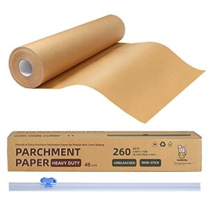 unbleached parchment paper for baking, 15 in x 210 ft, 260 sq.ft, heavy duty baking paper with slide cutter, non-stick brown parchment paper roll for cooking, air fryer, steaming, baking bread