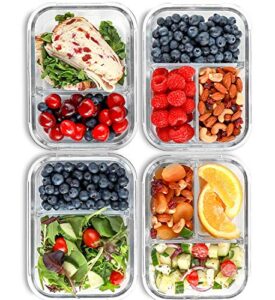 2 & 3 compartment glass meal prep containers (4 pack, 32 oz) – glass food storage containers with lids, glass lunch box, glass bento box lunch containers, portion control, airtight
