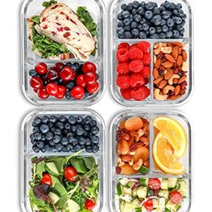 2 & 3 Compartment Glass Meal Prep Containers (4 Pack, 32 oz) - Glass Food Storage Containers with Lids, Glass Lunch Box, Glass Bento Box Lunch Containers, Portion Control, Airtight