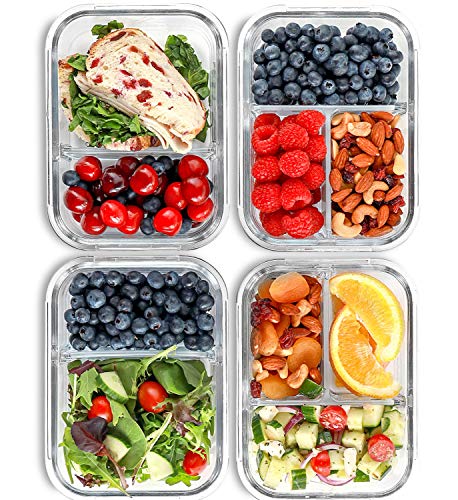 2 & 3 Compartment Glass Meal Prep Containers (4 Pack, 32 oz) - Glass Food Storage Containers with Lids, Glass Lunch Box, Glass Bento Box Lunch Containers, Portion Control, Airtight