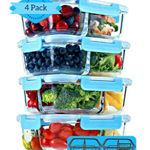 2 & 3 Compartment Glass Meal Prep Containers (4 Pack, 32 oz) - Glass Food Storage Containers with Lids, Glass Lunch Box, Glass Bento Box Lunch Containers, Portion Control, Airtight